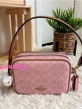 NWT🌸Coach Mini Carey Crossbody Bag In Signature Canvas With Charms Powder Pink